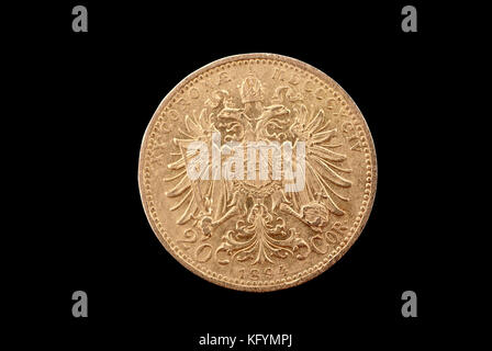 Austria-Hungary ancient gold coin (Franz-Joseph, 20 crown, 1894). Reverse (of coin). Stock Photo