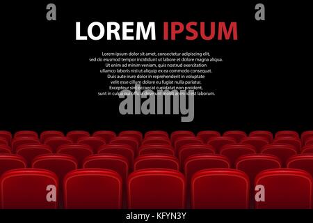 Empty movie theater auditorium with red seats. Rows of red cinema seats with black screen with sample text background. Vector illustration. Stock Vector