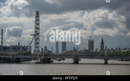View of the Hungerford Bridge, Big Ben and the London Eye from Waterloo Bridge, September 2017 Stock Photo