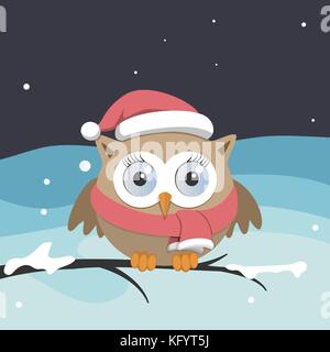Female owl with Santa Claus hat on a branch. Christmas vector illustration Stock Vector