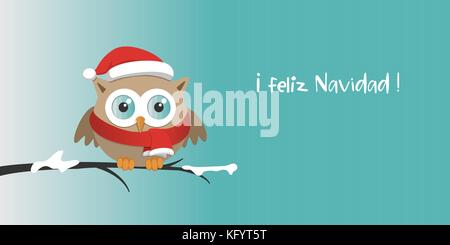 Male owl with Santa Claus hat on a branch in a snowy day. Merry Christmas spanish banner Stock Vector