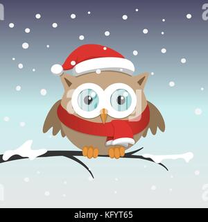 Male owl with Santa Claus hat on a branch in a sonwy day. Christmas vector illustration Stock Vector