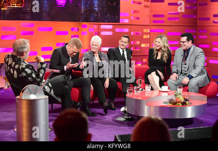 (From the left) Graham Norton, Sir Kenneth Branagh, Dame Judi Dench, Johnny Depp, Michelle Pfeiffer and Josh Gad appearing on the Graham Norton Show filmed at the London Studios, London. Stock Photo