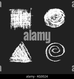 vector white monochrome chalk decorative stroke shapes realistic texture set isolated on black background Stock Vector