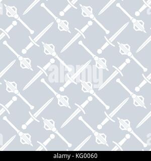 vector white solid design battle hammer axe dagger medieval cold steel arms seamless pattern isolated on silver grey background Stock Vector