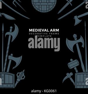 vector grey color various medieval cold steel arms decorative frame isolated on black background Stock Vector