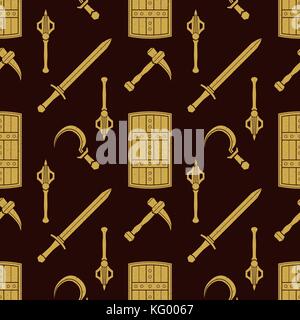 vector gold color solid design various medieval cold steel arms set seamless pattern isolated on dark brown background Stock Vector