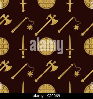 vector gold color solid design various medieval cold steel arms set seamless pattern isolated on dark brown background Stock Vector