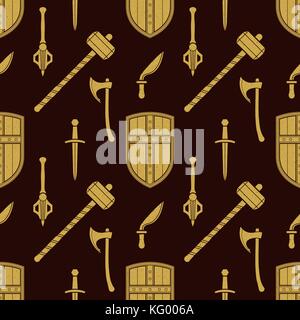 vector gold color solid design various medieval cold steel arms set seamless pattern isolated on dark brown background Stock Vector