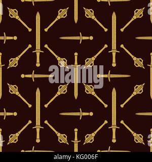vector gold color solid design various medieval cold steel arms set seamless pattern isolated on dark brown background Stock Vector