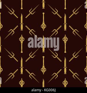 vector gold color solid design various medieval cold steel arms set seamless pattern isolated on dark brown background Stock Vector