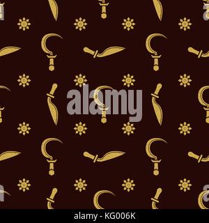 vector gold color solid design various medieval cold steel arms set seamless pattern isolated on dark brown background Stock Vector