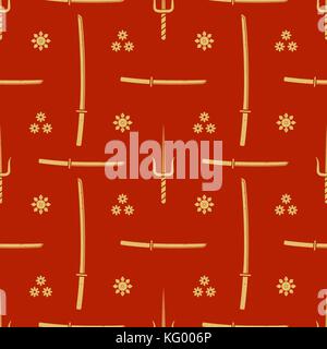vector gold color solid design various Japanese cold steel arms seamless pattern isolated on red background Stock Vector