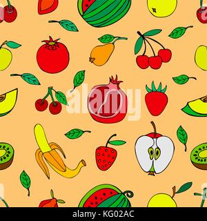 Seamless pattern with set of sweet fruits and berries. Food, fruit. Seamless texture. Doodle, cartoon drawing. Vector illustration Stock Vector