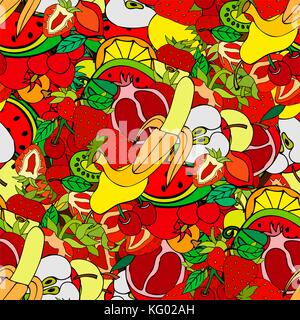 Seamless pattern with set of sweet fruits and berries. Food, fruit. Seamless texture. Doodle, cartoon drawing. Vector illustration Stock Vector