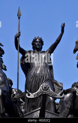 Boadicea And Her Daughters bronze statue, Westminster Pier, London, UK. The bronze sculture of Boadicea was created by Thomas Thorneycroft. Stock Photo