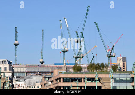 Cranes, London, UK. Tower cranes seen on the Bloomberg Place development site. Stock Photo