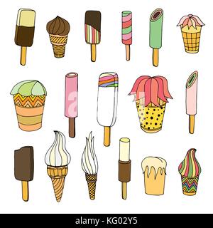 Collection of cute vector hand drawn cartoon ice cream. Cones and ice creams with different flavours made in doodle style. Stock Vector