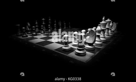 Two Chess teams on a Chess board in beginning position in a dark room. Stock Photo