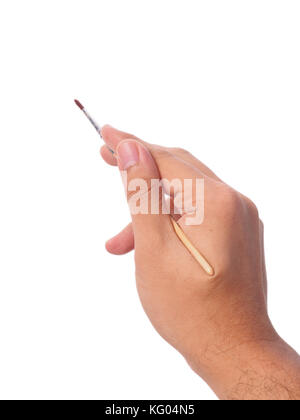 male hand holding paintbrush isolated on white background Stock Photo