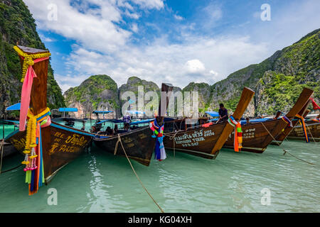 Thailand. Andaman Sea. Koh Phi Phi island. Maya bay. Long tail boats Stock Photo