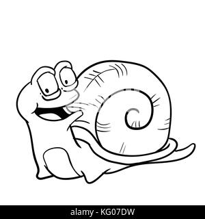 Hand drawn Smiley Snail cartoon, isolated on white background. Black and White simple line Vector Illustration for Coloring Book - Line Drawn Vector I Stock Vector