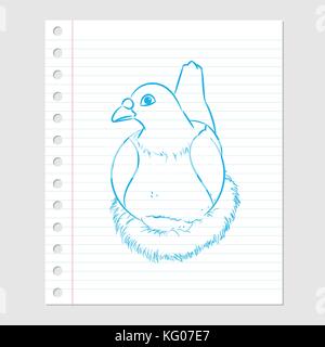 Illustration of Pigeon Cartoon on paper sheet with lines, Margin and holes-Vector illustration Stock Vector
