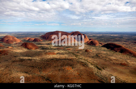 An Aerial view of Kata Tjuṯa, a group of large, domed rock formations in  Uluṟu-Kata Tjuṯa National Park, Northern Territory, Australia Stock Photo