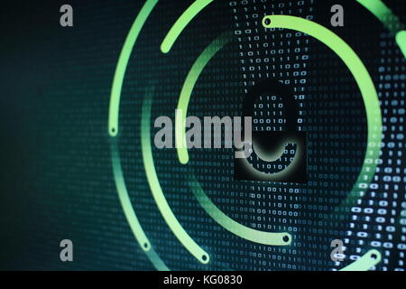 photo of computer screen display with black graphic lock symbol. Binary numbers background. Computer data protection. Internet Business Cyber security Stock Photo