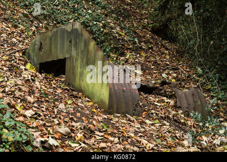 Ruined Anderson shelter rusted and partially buried. World War Two bomb shelter showing exposed corrugated iron sheets and steel plates Stock Photo
