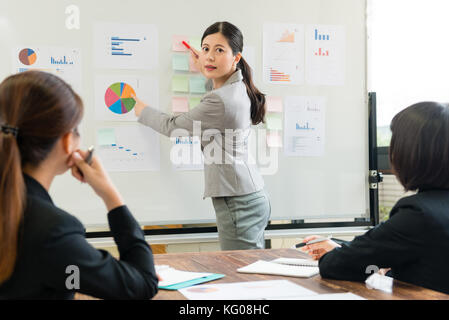 elegant smiling female manager woman using whiteboard showing document and teaching new company education train with colleague when they meeting in of Stock Photo