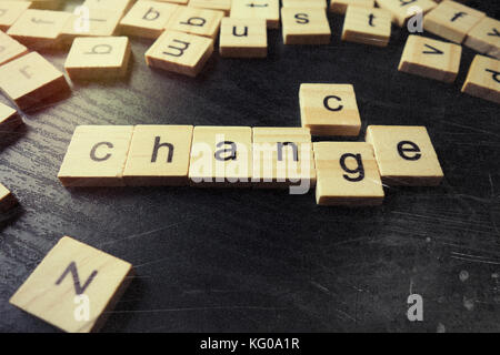 Change word on wood cubes on table Stock Photo