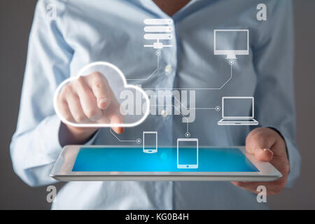 Businesswoman in front of visual touch screen. Stock Photo