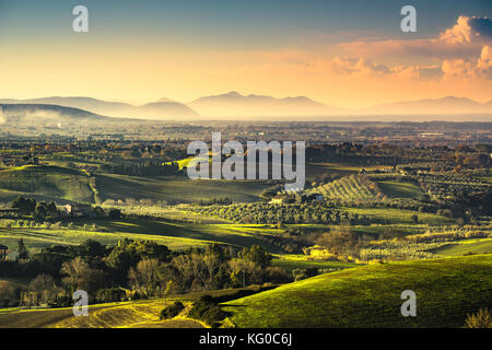 Maremma countryside, sunrise landscape. Green fields and Elba island and sea on horizon. Tuscany, Italy, Europe. Stock Photo