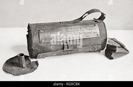 A lantern used by Guy Fawkes in the Gunpowder Plot of 1605.  Guy Fawkes, 1570 – 1606, aka Guido Fawkes.  Member of a group of provincial English Catholics who planned the failed Gunpowder Plot of 1605, aka Gunpowder Treason Plot or the Jesuit Treason, an assassination attempt against King James I of England and VI of Scotland.  From Hutchinson's History of the Nations, published 1915. Stock Photo