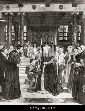 Margaret of Parma given the keys of Antwerp, Belgium, 1559.   Margaret of Parma, 1522 – 1586.  Governor of the Netherlands and Duchess consort of Florence, Parma and Piacenza.  From Hutchinson's History of the Nations, published 1915.