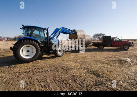 NEW HOLLAND T6030 TRACTOR LOADING TRAILER WITH ROUND BALES OF HAY WITH NEW 840TL FRONT END LOADER ON A RANCH Stock Photo