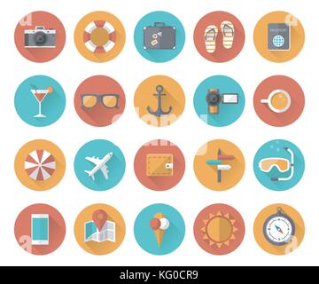 Summer holiday, tourism and vacation flat icons with long shadow effect Stock Vector