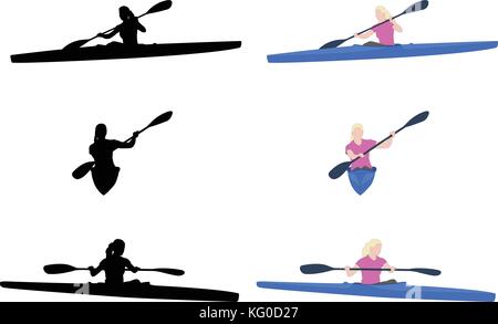 woman kayaking silhouettes and illustration - vector Stock Vector