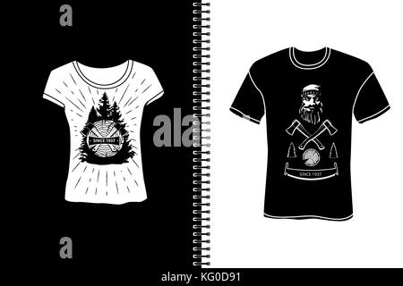 Men's and women's t-shirts with elements of a lumberjack and sawmill . Vector background . Stock Vector