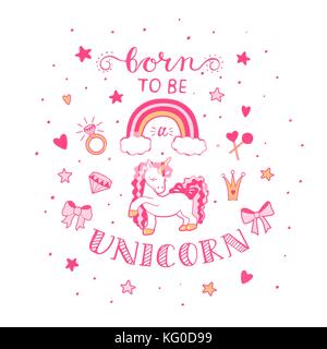 Pink Unicorn with vector lettering . Vector Stock Vector