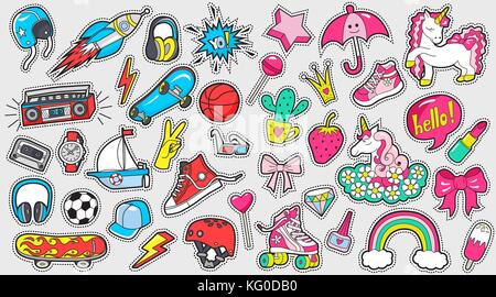 Big set of girl's and boy's colored stickers on white Stock Vector