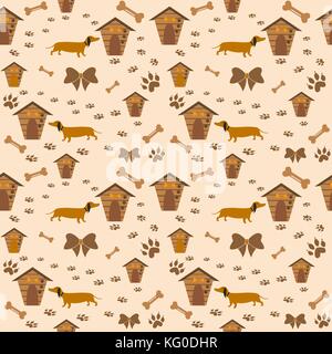 Seamless Dachshund Dog Pattern with bones, bows, dog houses and footprints. Vector Illustration Stock Vector