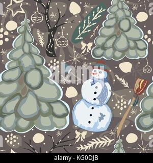 Colorful Seamless Winter Pattern with cute Snowman and Spruce Trees. Vector illustration Stock Vector
