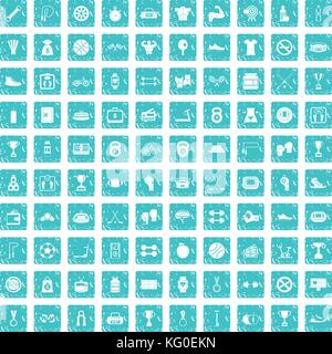 100 boxing icons set grunge blue Stock Vector