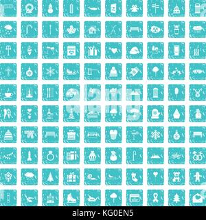 100 winter holidays icons set grunge blue Stock Vector