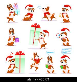 Christmas funny cartoon dog emoticons set. Xmas flat puppy emoji collection. Happy terrier wearing deer horns and Santa hat isolated on white background. Christmas or New Year 2018 vector illustration Stock Vector