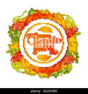 Happy Thanksgiving card. Hand drawn celebration quote "Happy Thanksgiving". Colorful autumn leaves. Round label with shadow effect. Freehand lettering. Fall season theme. Vector illustration. Stock Vector
