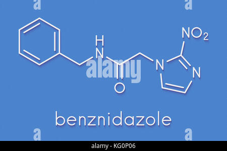 Benznidazole antiparasitic drug molecule. Used in treatment of Chagas disease (Trypanosoma cruzi). Skeletal formula. Stock Photo