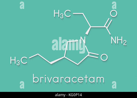 Brivaracetam anticonvulsant drug molecule. Used in treatment of seizures. Skeletal formula. Stock Photo